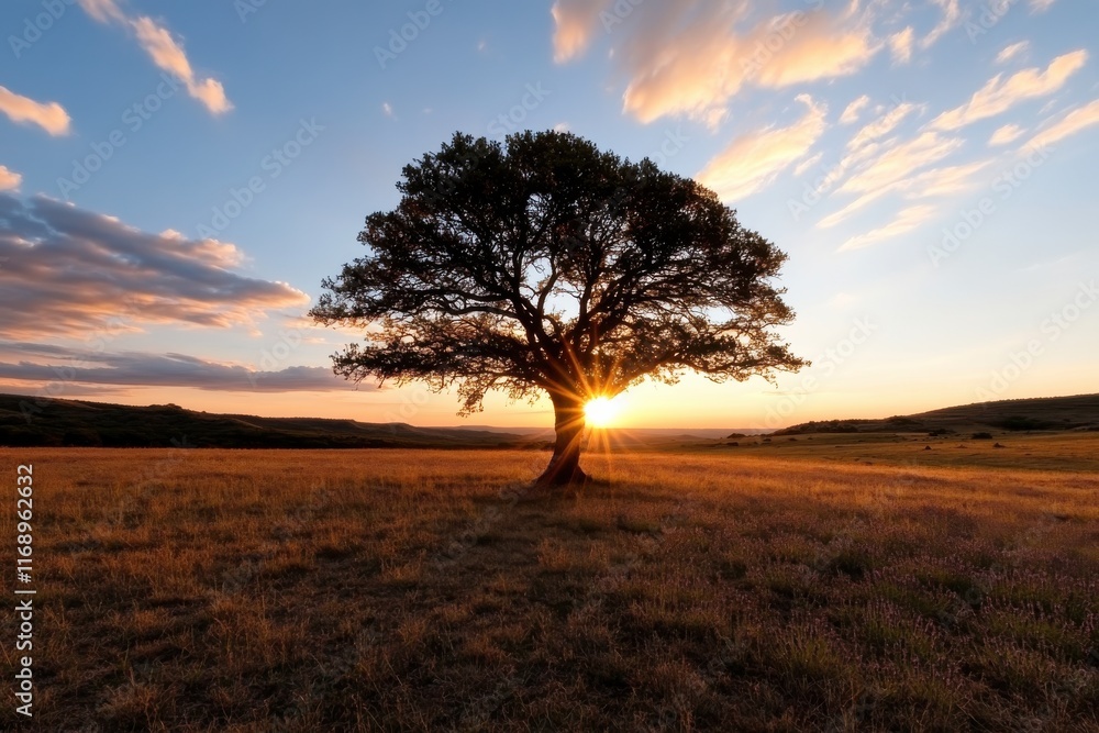 Fototapeta premium A striking silhouette of a vibrant tree at sunset, showcasing nature’s grandeur and evoking a sense of nostalgia and peace, perfect for reflective moments.