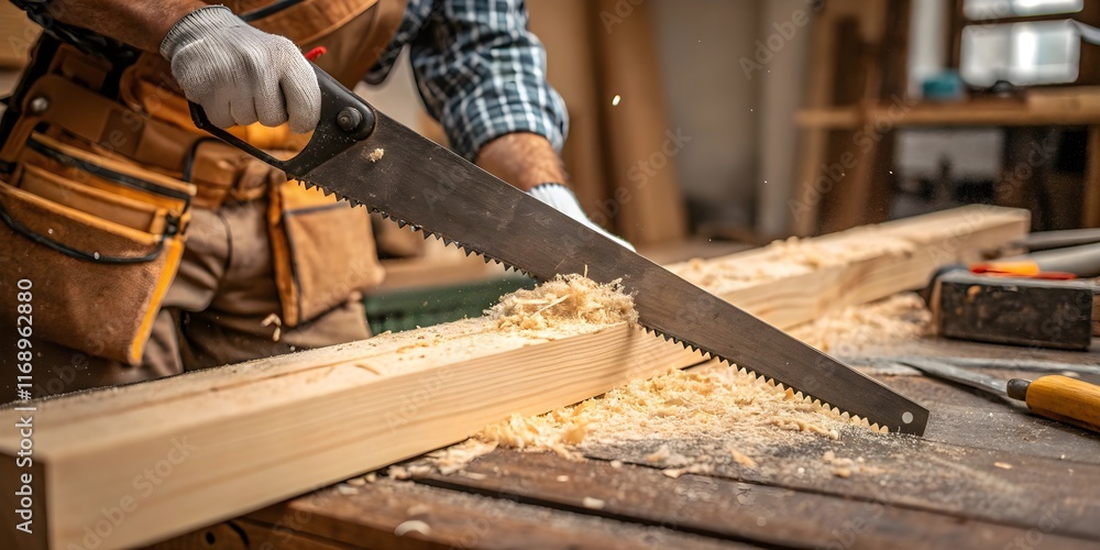 Craftsman sawing wood in a workshop setting. Craftsman sawing wood in a workshop setting.