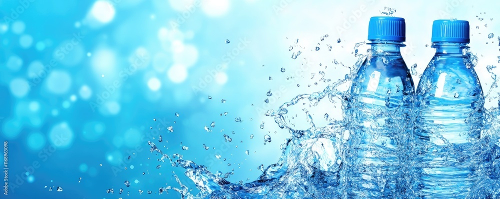 Refreshing water bottles splashing against a blue backdrop Refreshing water bottles splashing against a blue backdrop