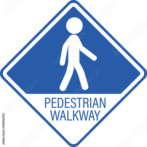 An isolated, blue, round sign with a white pedestrian pictogram glyph, indicating a designated walking lane for pedestrians photo