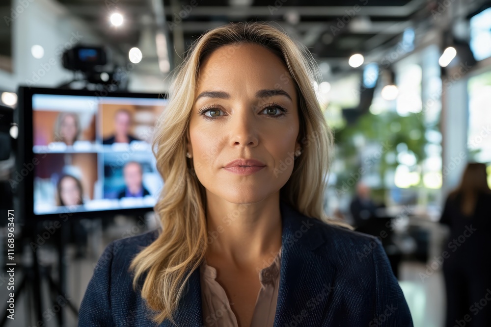 A beautiful businesswoman with an empowered expression stands in a contemporary studio environment, showcasing her confidence and professionalism in a corporate atmosphere. A beautiful businesswoman with an empowered expression stands in a contemporary studio environment, showcasing her confidence and professionalism in a corporate atmosphere.