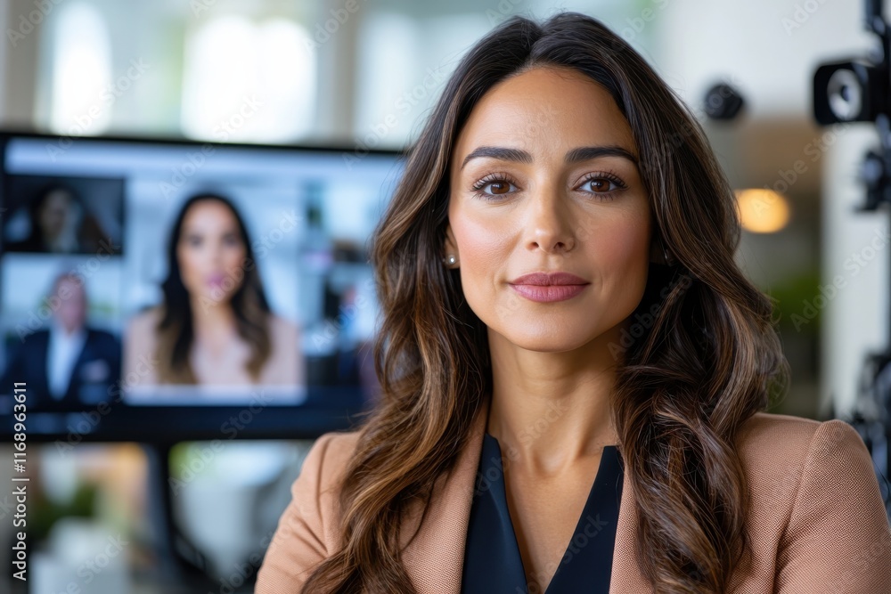 custom made wallpaper toronto digitalA poised woman presenting in front of screens in a professional environment, symbolizing authority and expertise in virtual communications and team meetings.
