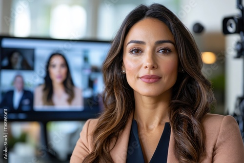 Wallpaper Mural A poised woman presenting in front of screens in a professional environment, symbolizing authority and expertise in virtual communications and team meetings. Torontodigital.ca