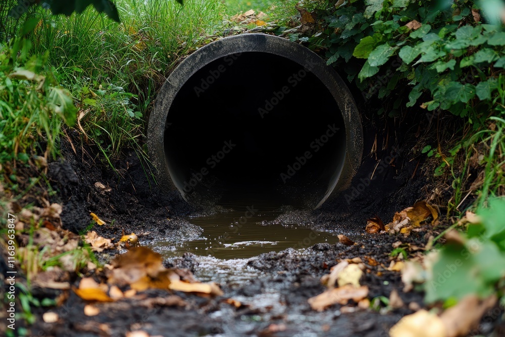 Dark culvert pipe in the ground, surrounded by lush greenery and autumn leaves. Illustrates drainage systems, environmental themes, or hidden pathways. Dark culvert pipe in the ground, surrounded by lush greenery and autumn leaves. Illustrates drainage systems, environmental themes, or hidden pathways.