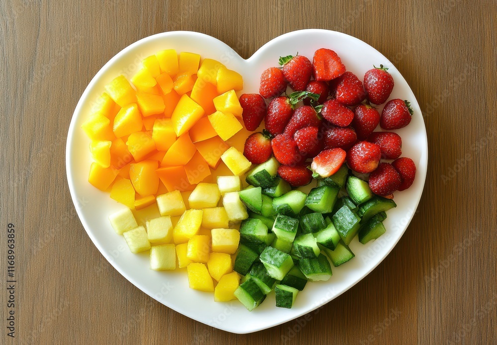 Heart-Shaped Fruit Platter Featuring Colorful Selection of Fresh Mango, Cucumber, Strawberry, and Pineapple Pieces for Healthy Dietary Choices and Celebratory Occasions Heart-Shaped Fruit Platter Featuring Colorful Selection of Fresh Mango, Cucumber, Strawberry, and Pineapple Pieces for Healthy Dietary Choices and Celebratory Occasions