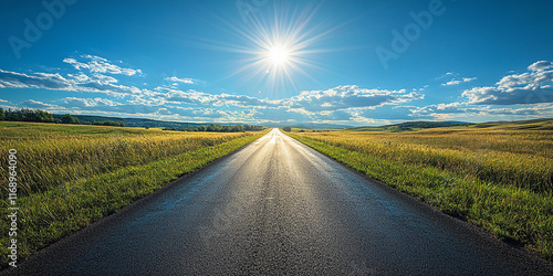 Endless road under the bright sun, shadows stretching across the path