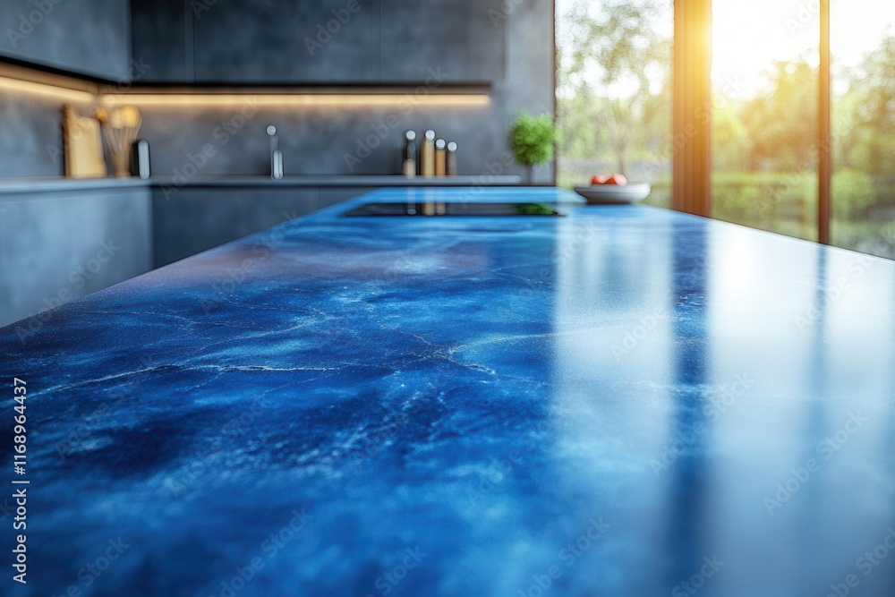 bright modern kitchen featuring an empty blue countertop providing a clean backdrop against a softly blurred contemporary interior perfect for product presentation and creative mockups