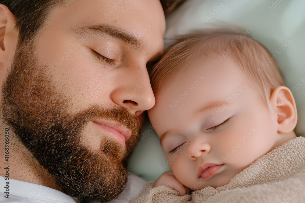 Peaceful moment of father and baby sleeping together, father and child concept Peaceful moment of father and baby sleeping together, father and child concept