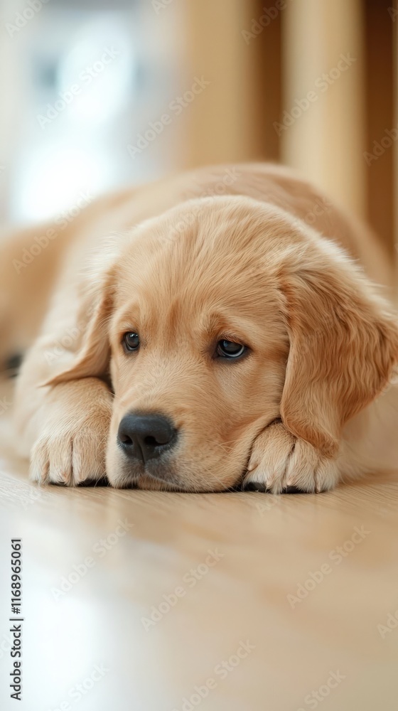 A golden retriever puppy lies on the floor, looking thoughtful and relaxed, with a soft expression. A golden retriever puppy lies on the floor, looking thoughtful and relaxed, with a soft expression.