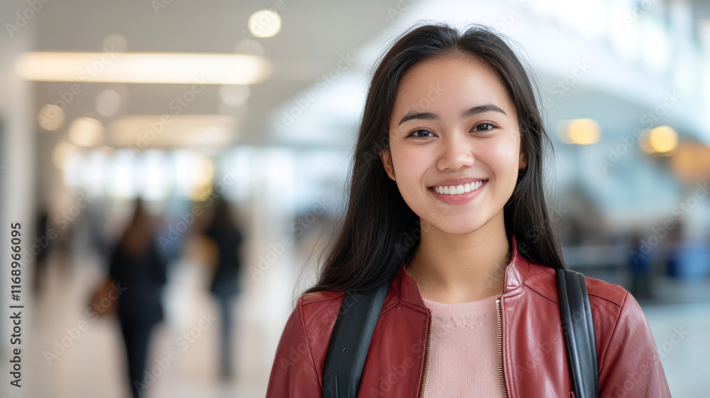 Indonesian woman in red leather jacket smiling at spacious office building Indonesian woman in red leather jacket smiling at spacious office building