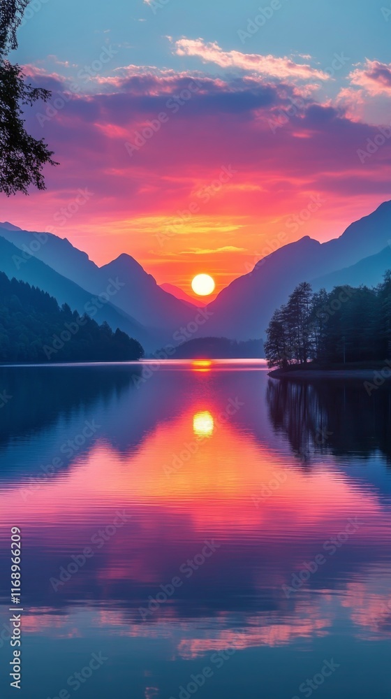 Fototapeta premium Stunning sunset reflected in calm lake with mountains in the background of a serene landscape