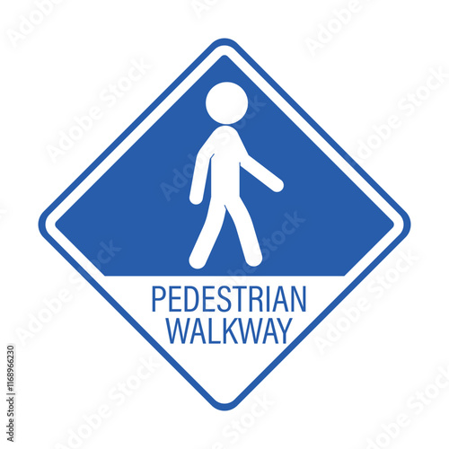 An isolated, blue, round sign with a white pedestrian pictogram glyph, indicating a designated walking lane for pedestrians