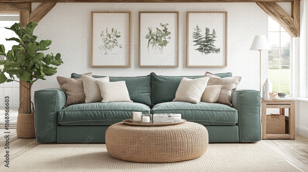 Cozy Living Room Interior with Green Sofa and Botanical Prints Cozy Living Room Interior with Green Sofa and Botanical Prints