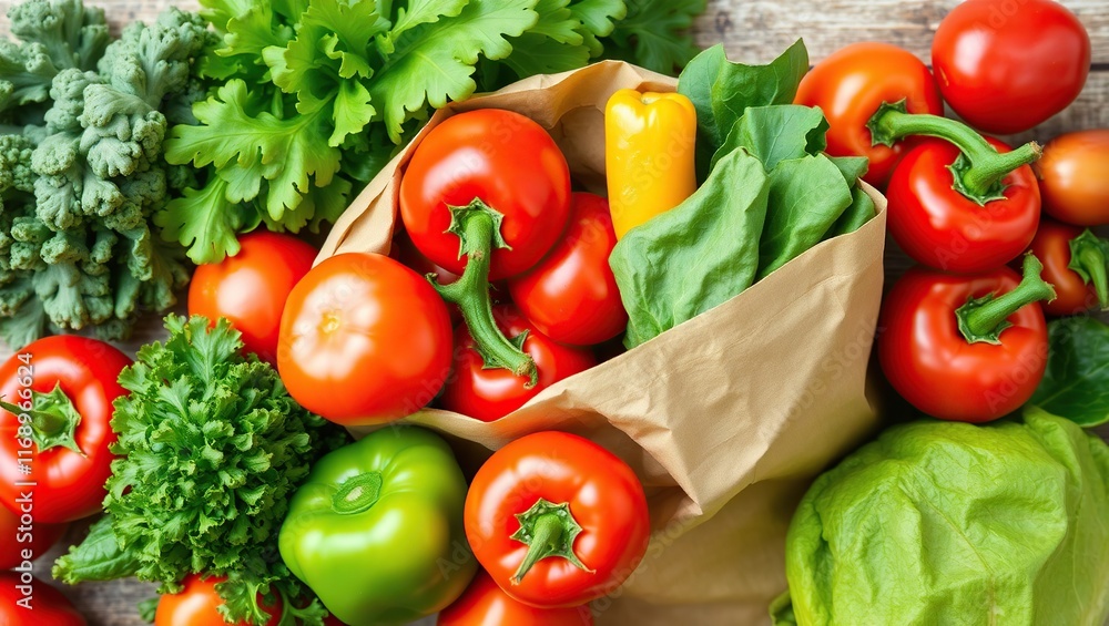 Fresh Produce In A Brown Paper Bag With Leafy Greens Fresh Produce In A Brown Paper Bag With Leafy Greens