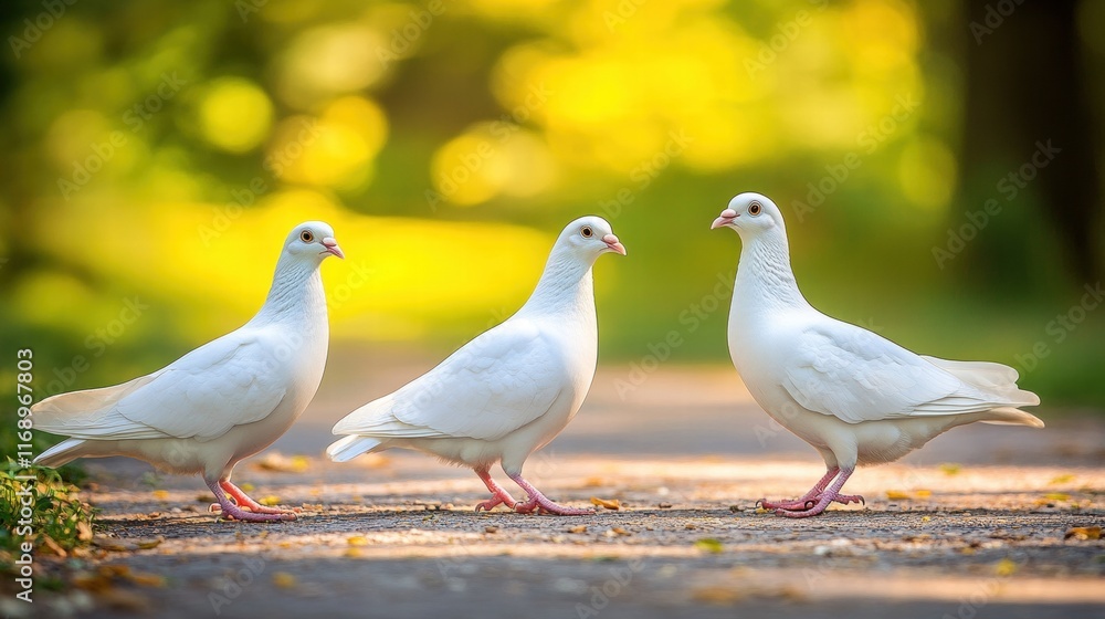 Three White Doves on a Path in a Sunny Park Three White Doves on a Path in a Sunny Park