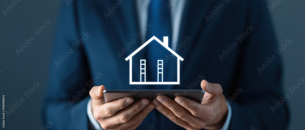Real estate agent holding tablet with house icon Real estate agent holding tablet with house icon