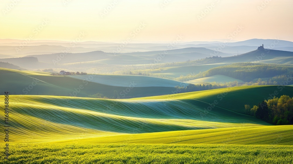 Obraz premium Serene rolling hills at sunrise in a lush landscape