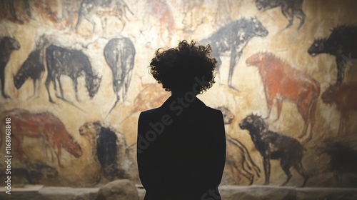 Woman Silhouetted Against Prehistoric Cave Painting photo