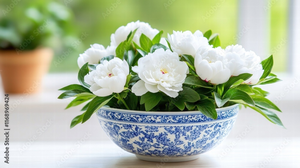 White Peonies in Blue and White Porcelain Bowl White Peonies in Blue and White Porcelain Bowl