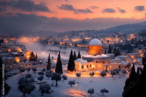 A magical view of Jerusalem with glowing celestial lights, enchanted olive trees, and mythical creatures roaming the ancient city photo