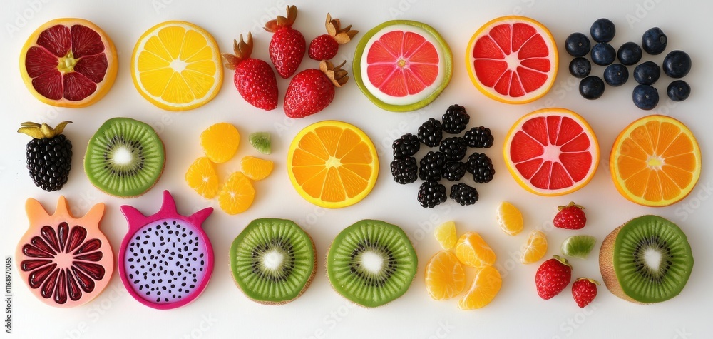 Vibrant Arrangement of Colorful Fruit Slices and Berries on a White Background, Showcasing Nature's Bounty in a Creative Display for Healthy Living and Culinary Inspiration Vibrant Arrangement of Colorful Fruit Slices and Berries on a White Background, Showcasing Nature's Bounty in a Creative Display for Healthy Living and Culinary Inspiration