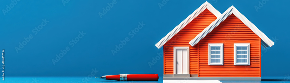Vibrant orange house model with pen nearby Vibrant orange house model with pen nearby
