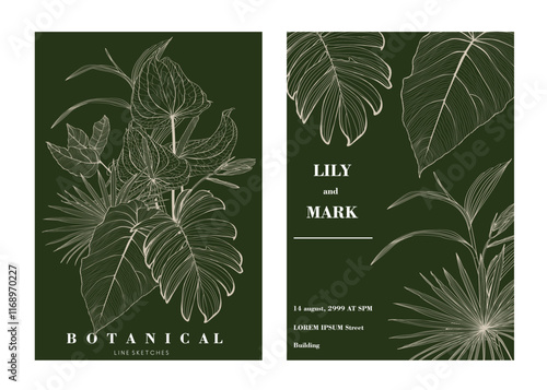 Tropical plants. Engraved background. Wedding background card floral decorative border. Thank you, rsvp, invitation elegant card illustration graphic set banner.