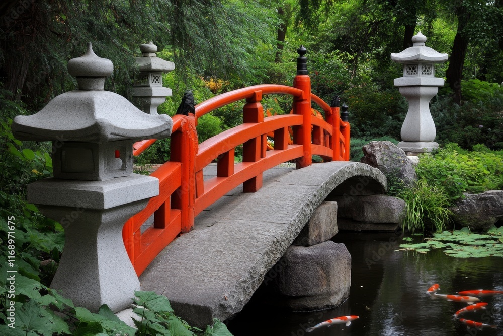 A peaceful Japanese garden with koi fish swimming in a pond, stone lanterns, and a red arched bridge A peaceful Japanese garden with koi fish swimming in a pond, stone lanterns, and a red arched bridge