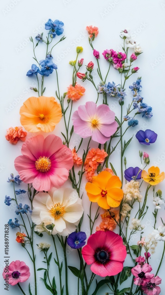 Fototapeta premium Colorful floral arrangement with various blooms on a white background in natural light