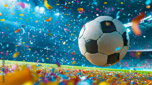 European championship sports victory, triumph, winner celebration concept background illustration. - Soccer ball and confetti. photo