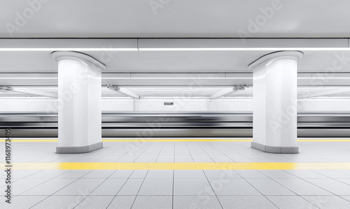 A photo of the subway passing through an empty new york city station, with two tall white columns in front and behind it, yellow lines on the floor photo