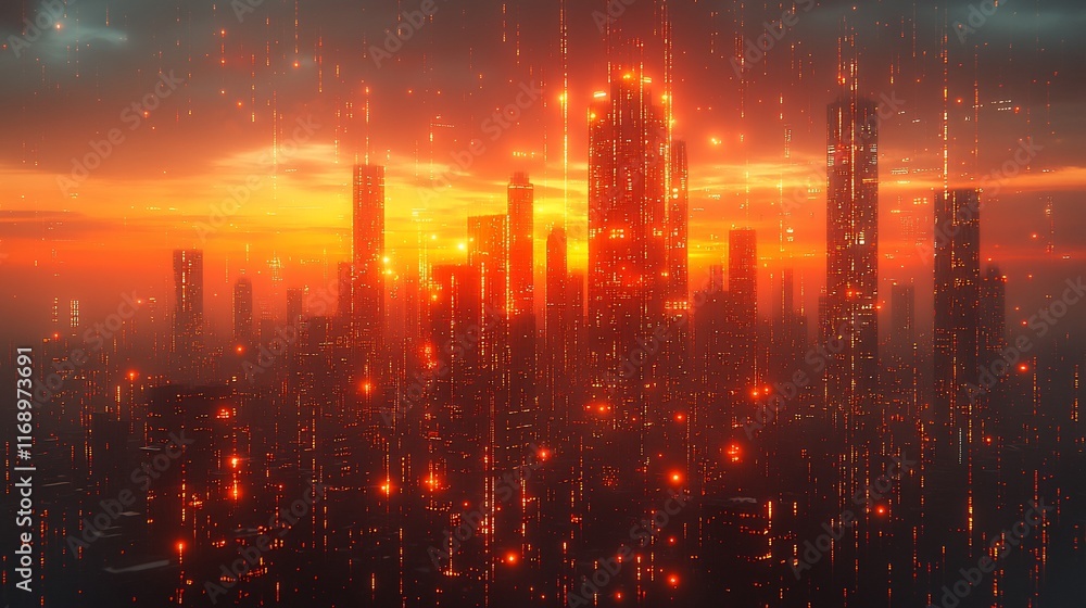 Obraz premium Cyberpunk Cityscape at Sunset: A Digital Metropolis