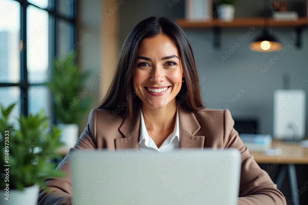Professional Woman Smiling at Laptop in Modern Office Setting, Perfect for Business, Marketing, and Inspirational Content Professional Woman Smiling at Laptop in Modern Office Setting, Perfect for Business, Marketing, and Inspirational Content
