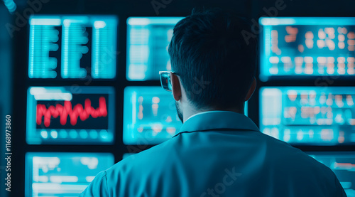 A person in a lab coat analyzes multiple high-tech screens displaying data and graphs, immersed in a scientific or technological environment.