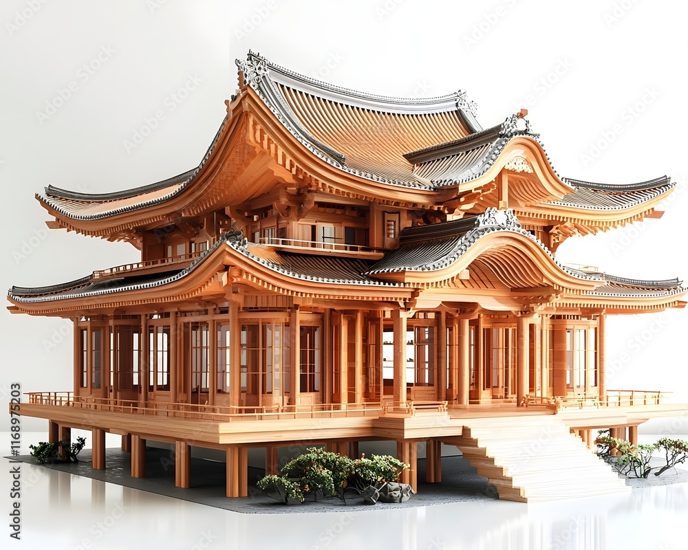 Majestic Traditional Japanese Pagoda with Curved Roofs and Ornate Wooden Architecture on White Background Majestic Traditional Japanese Pagoda with Curved Roofs and Ornate Wooden Architecture on White Background