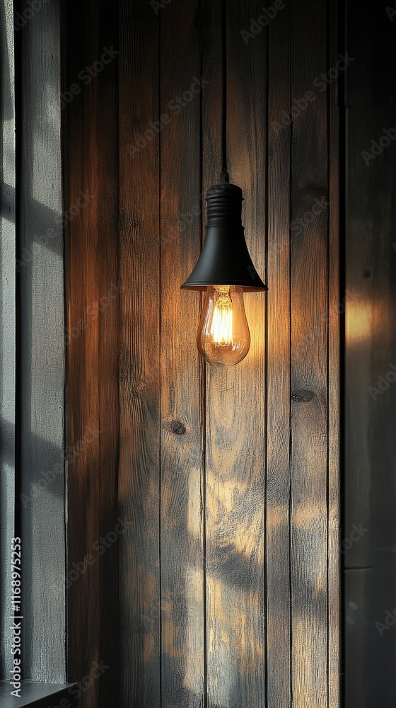 Rustic light fixture casts warm glow against wooden wall in cozy indoor setting Rustic light fixture casts warm glow against wooden wall in cozy indoor setting