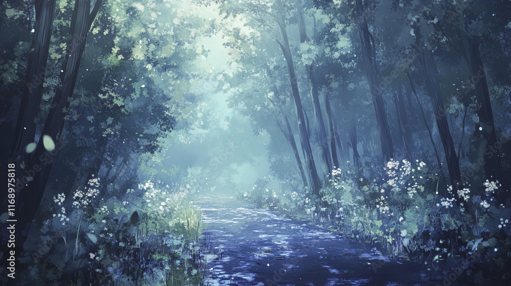 Fototapeta premium serene forest path surrounded by tall trees and blooming flowers