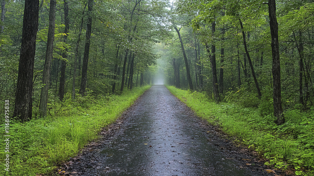 Obraz premium serene forest path surrounded by tall trees and lush greenery