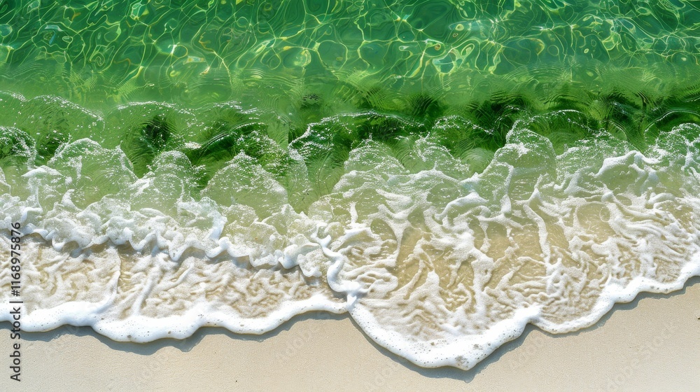 Naklejka premium Vibrant green ocean waves meeting sandy shores in a breathtaking coastal landscape