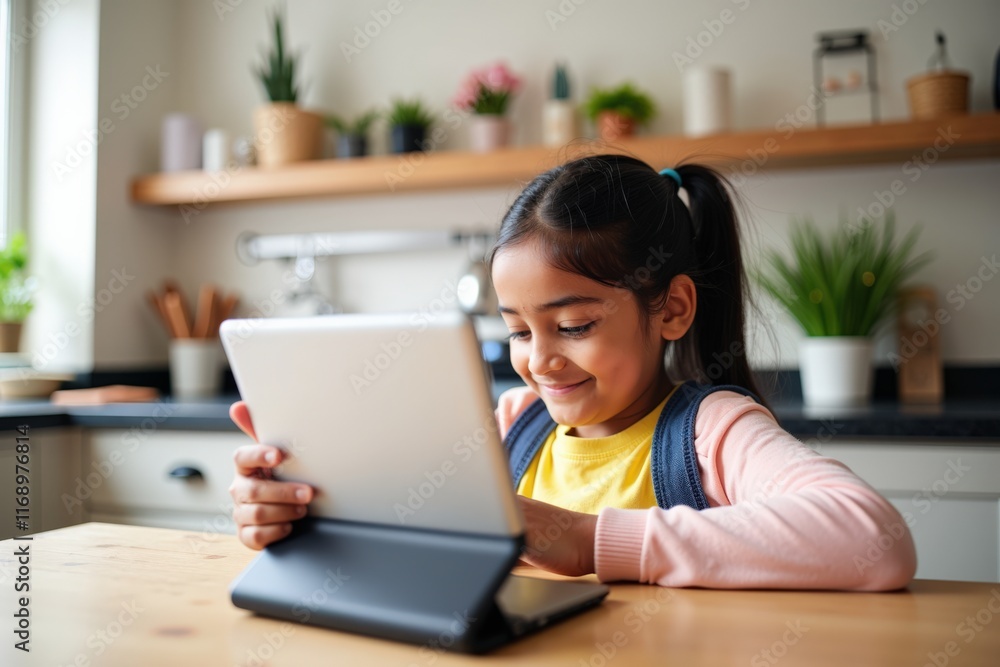 Young Girl Engaged with Digital Learning on Tablet in Cozy Kitchen Setting, Perfect for Educational and Family Concepts Young Girl Engaged with Digital Learning on Tablet in Cozy Kitchen Setting, Perfect for Educational and Family Concepts