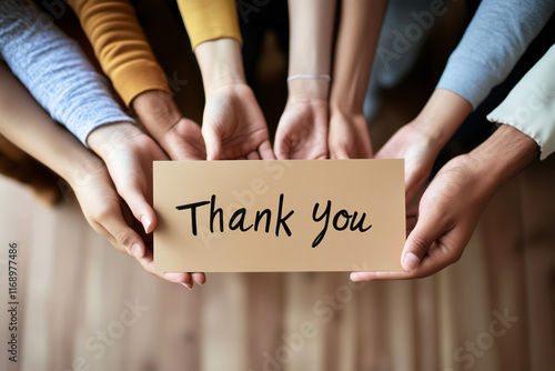 Top view of diverse young volunteers holding card with Thank you lettering while standing in charitable organization office, Selective focus on hands and inscription, Web Banner