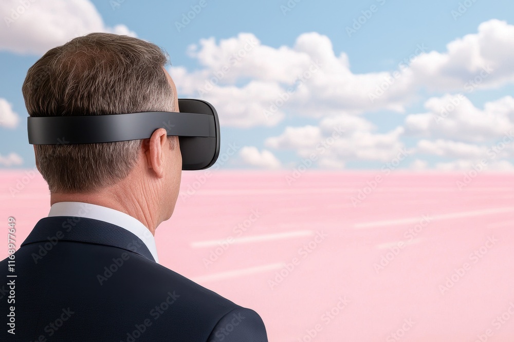 vehicle requirements concept. Person wearing VR headset looking at a surreal landscape. vehicle requirements concept. Person wearing VR headset looking at a surreal landscape.