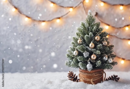 A mini Christmas tree with lights on a snowy background