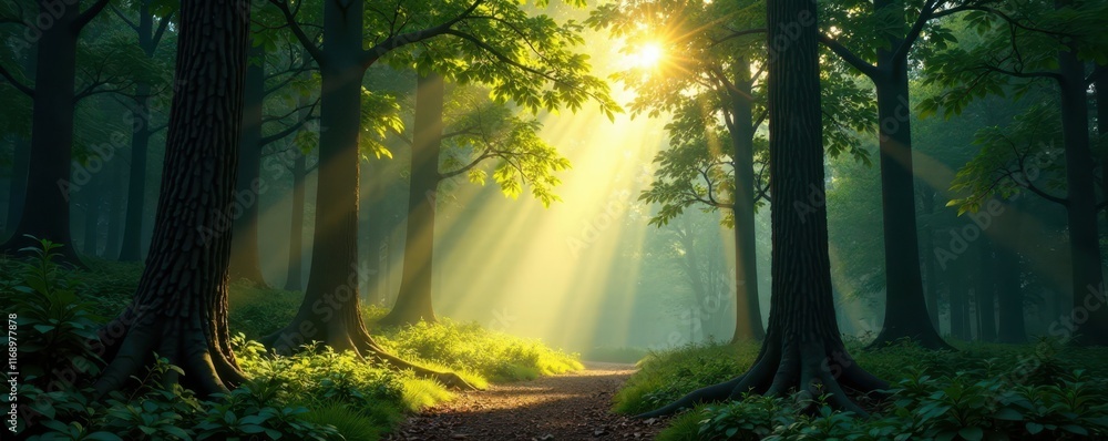Obraz premium Luminous forest scene, shafts of light pierce canopy, landscape, woods, peaceful