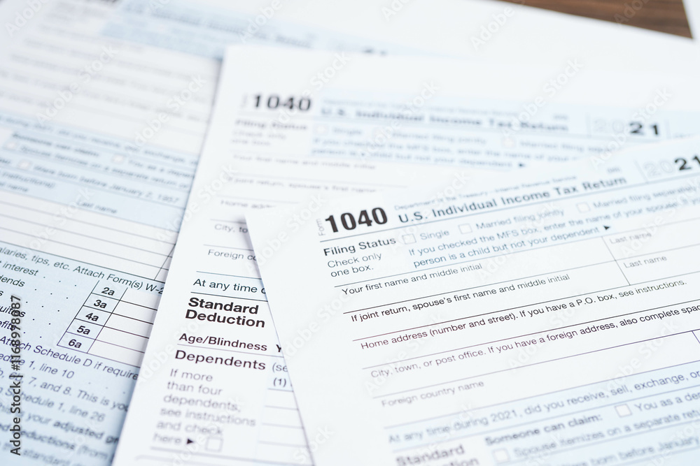 Tax form 1040 U.S. Individual Income Tax Return, business finance. Tax form 1040 U.S. Individual Income Tax Return, business finance.