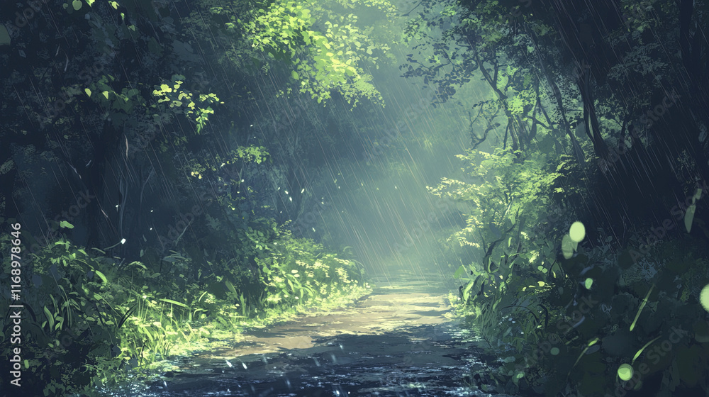 Fototapeta premium misty path through dense forest with rain and vibrant greenery