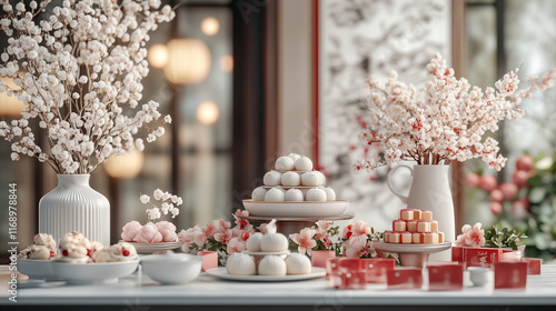  A festive table adorned with traditional Chinese sweets such as lotus seed buns and sticky rice cakes, red envelopes and fresh flowers arranged around the dishes photo