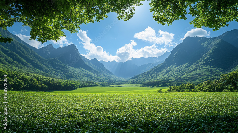 Obraz premium Verdant highland fields framed by dramatic mountain ridges under a pristine blue sky