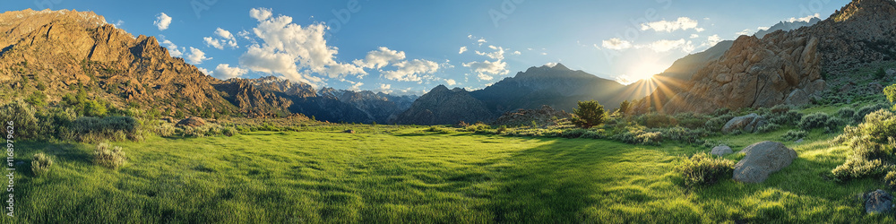 Verdant pastures amidst rugged mountain scenery and a clear, bright sky Verdant pastures amidst rugged mountain scenery and a clear, bright sky