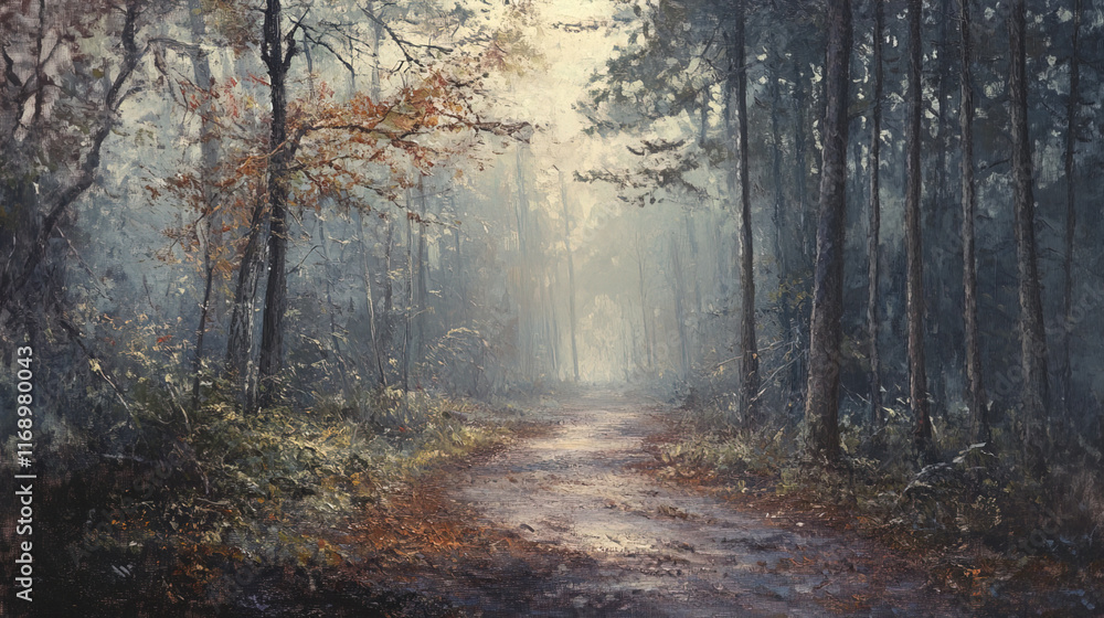 Obraz premium misty forest path surrounded by trees and autumn foliage creates serene atmosphere